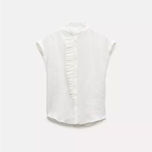 NWT Zara White Ruffled %100 Ramie Shirt